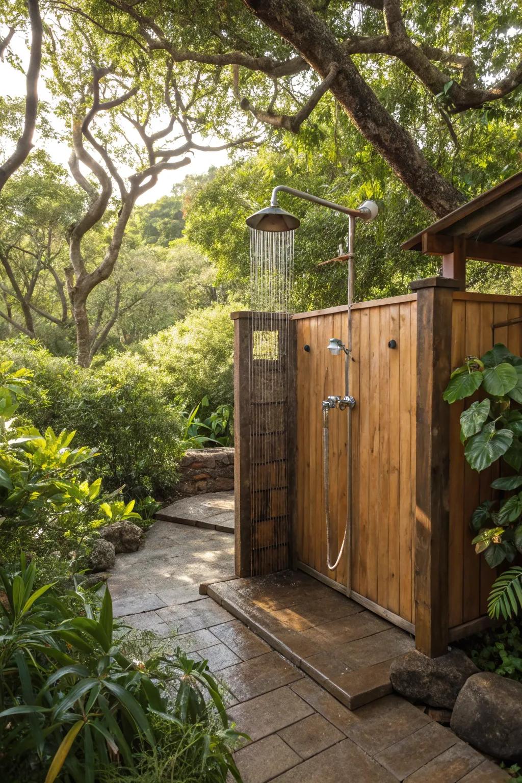 Merge woodland allure with contemporary design in your open-air shower.