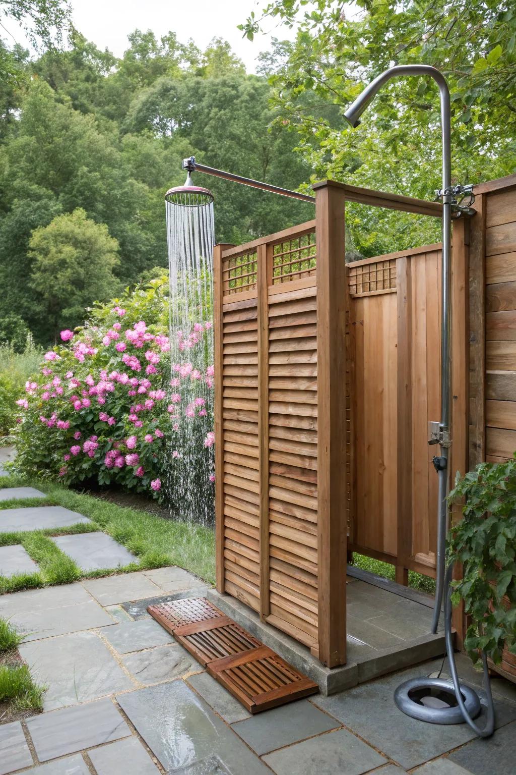 An outdoor shower encased by graceful wooden screens.