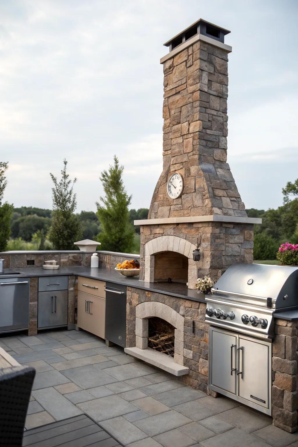 A stone BBQ flue combines panache with practicality, ensuring your outdoor setting remains free of smoke.