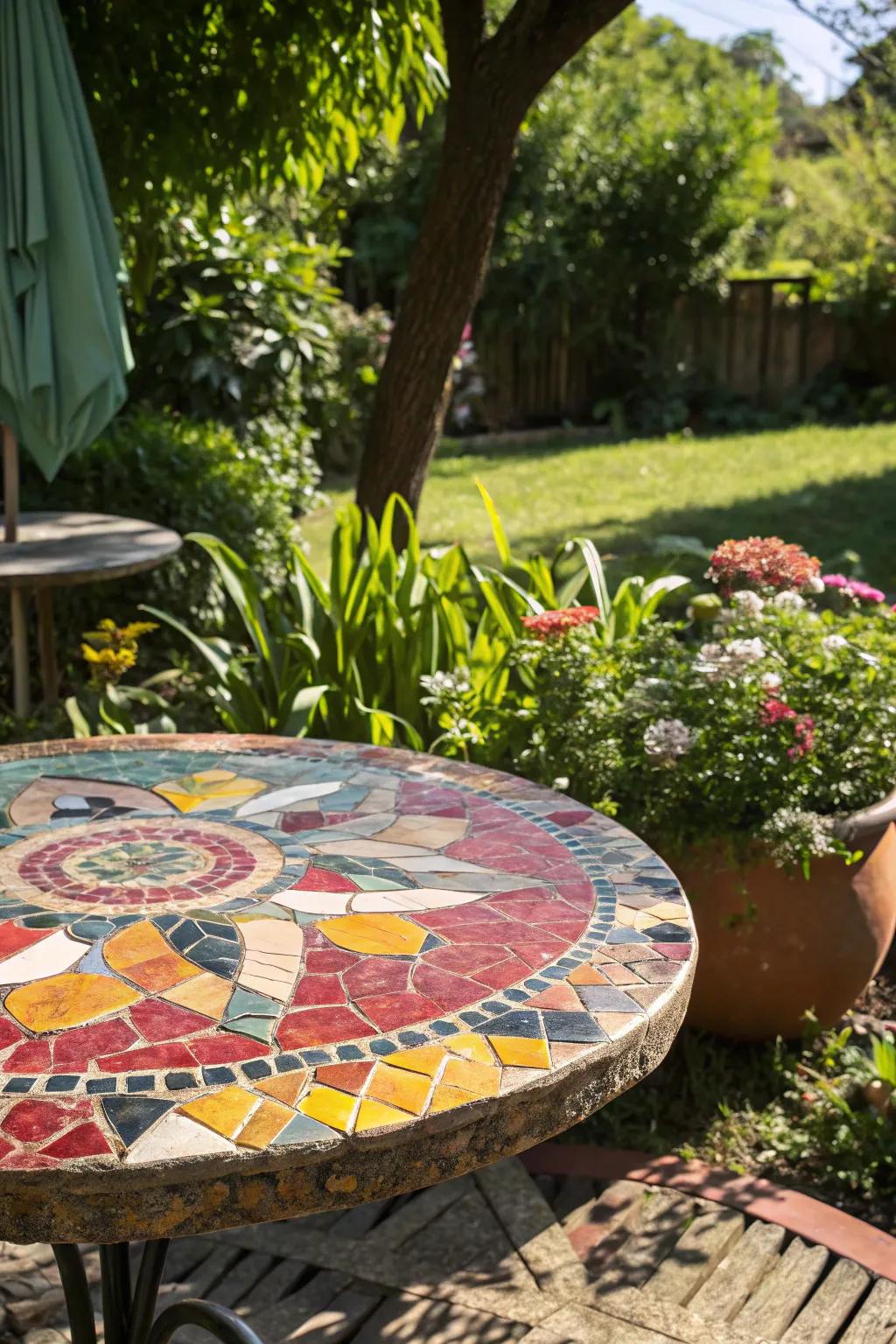 A mosaic table surface brings vibrant colors and unique patterns to your outdoor setting.