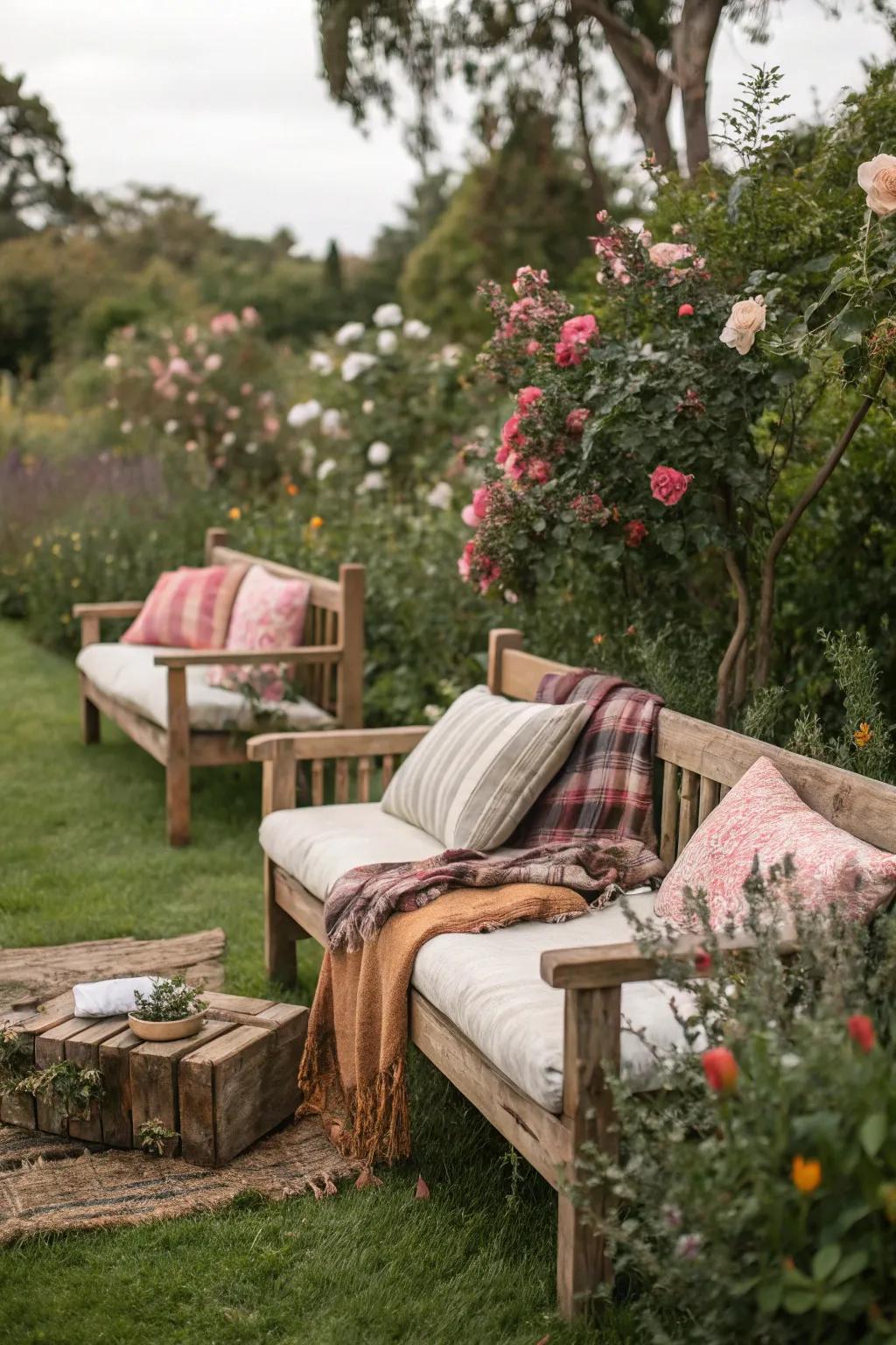Country-style seating with cushions and throws injects comfort and charm.