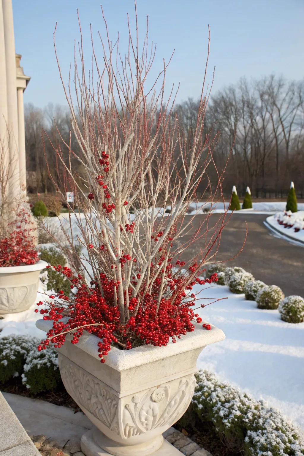 Scarlet berries establish an eye-catching central point in winter planters.