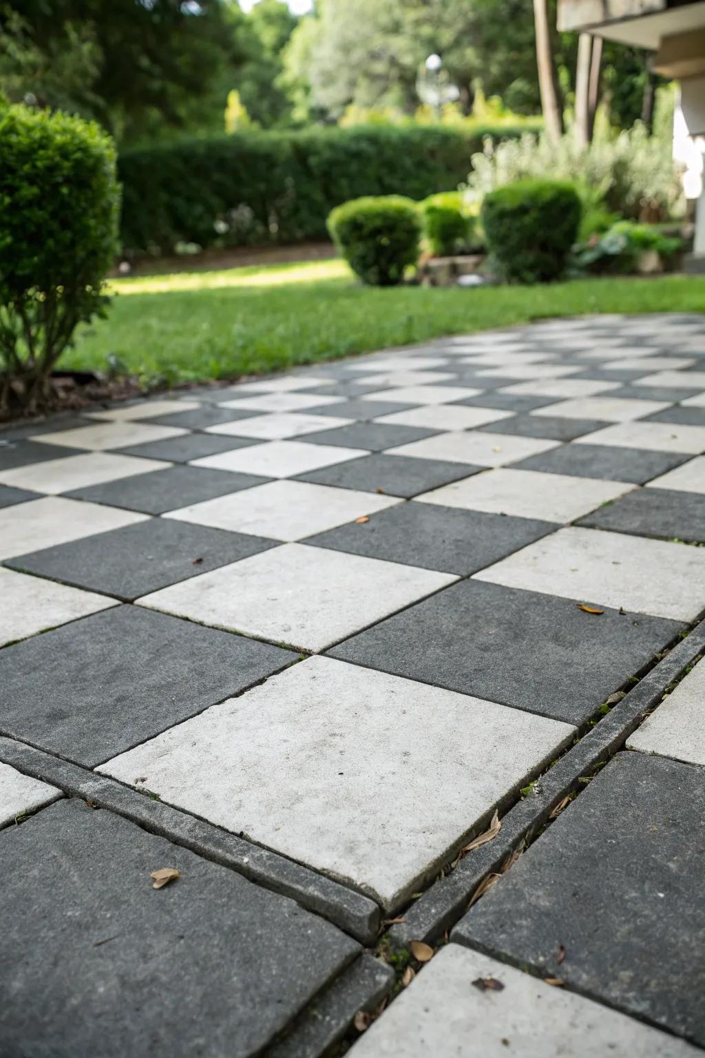 A timeless patio design featuring a black and white checkerboard.