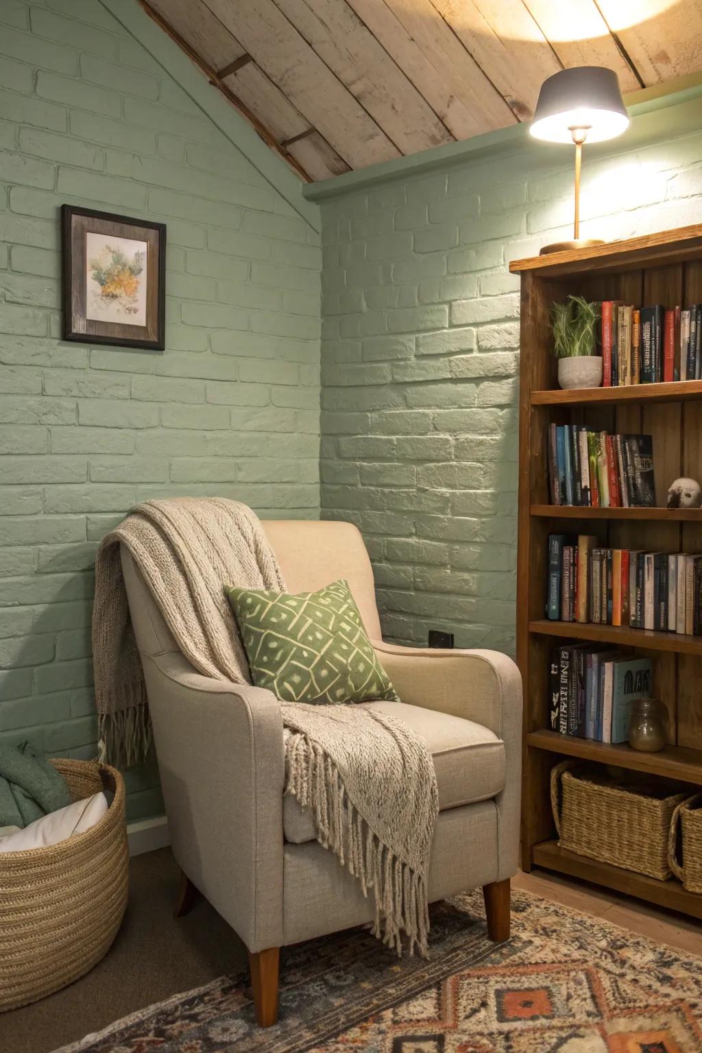 A serene quiet space featuring a relaxing gentle green brick wall backdrop.