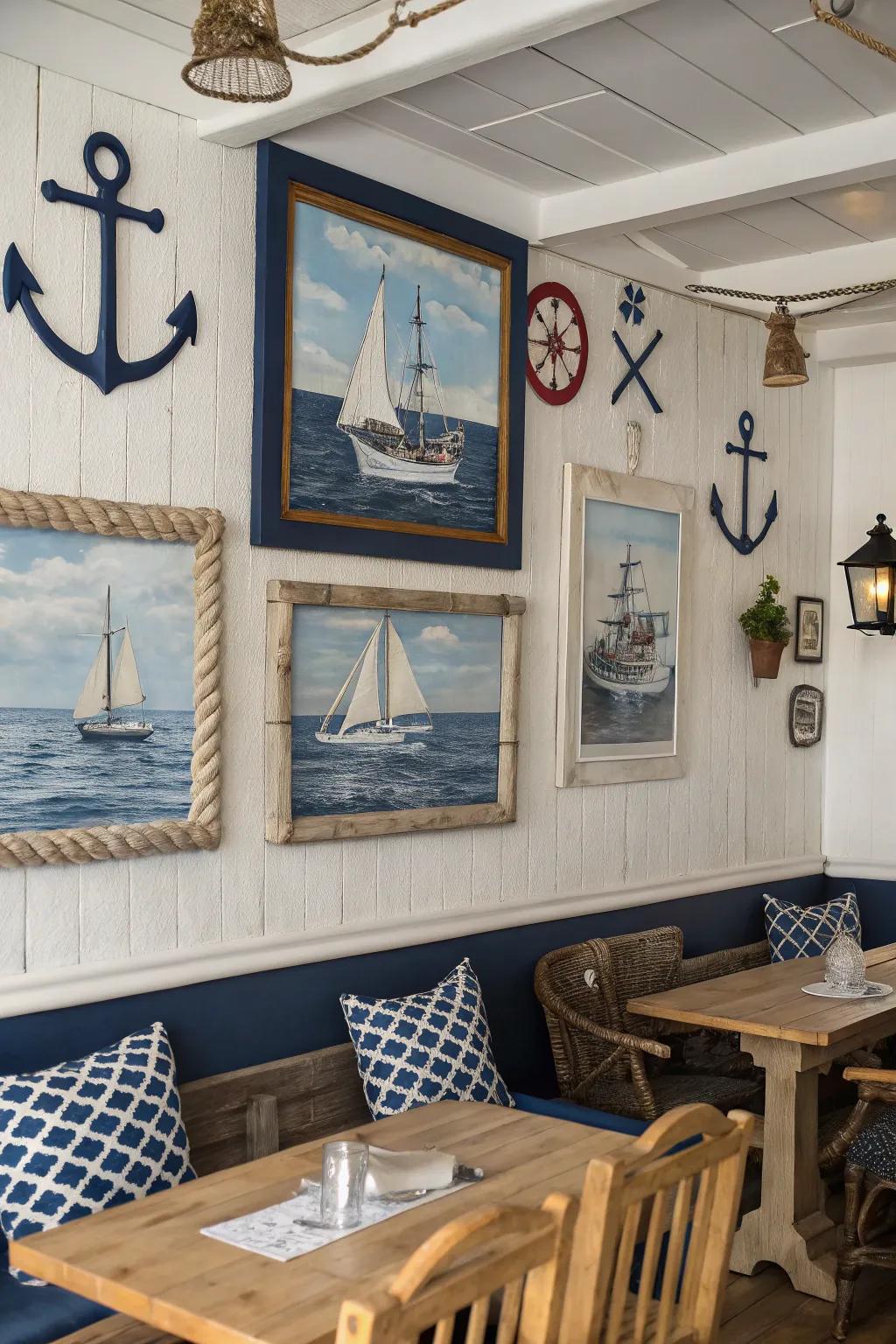 A nautical-themed space showcasing harmonized framed artworks.