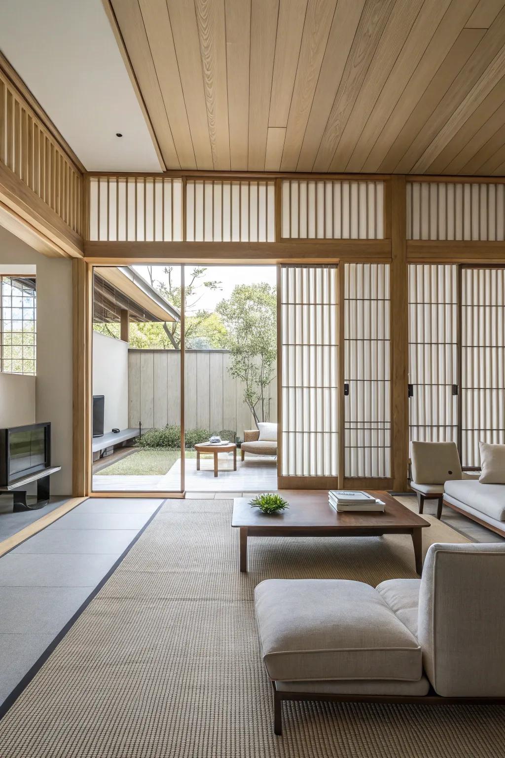 Minimalist living space featuring sleek upright boards.