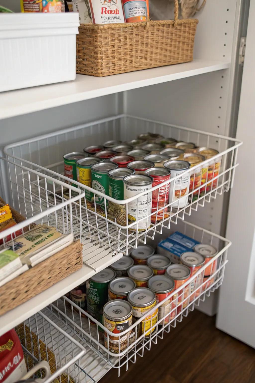 Keep similar items together using wire baskets.