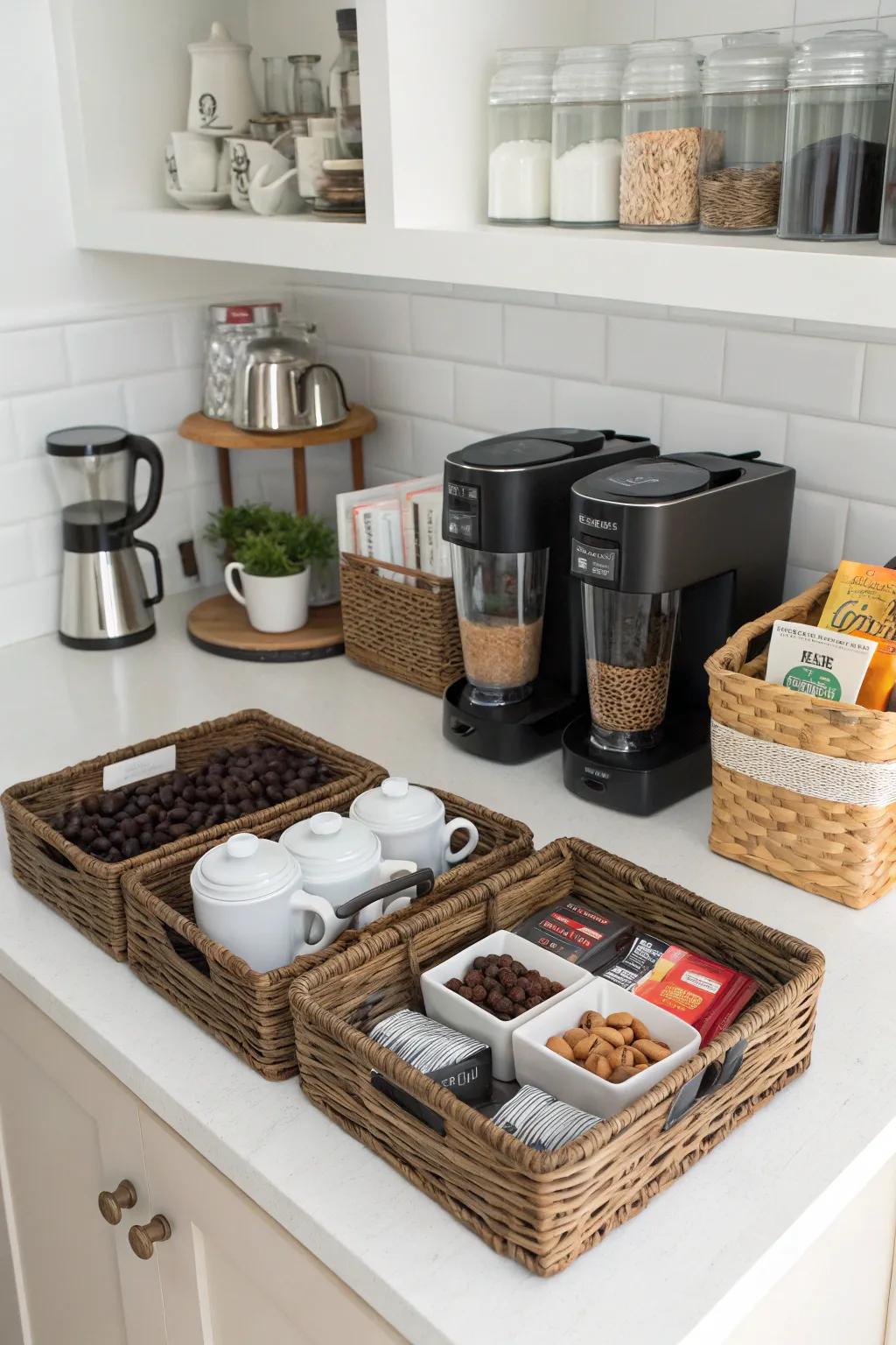 Serving dishes and woven baskets make sure everything is within its place, and in style.