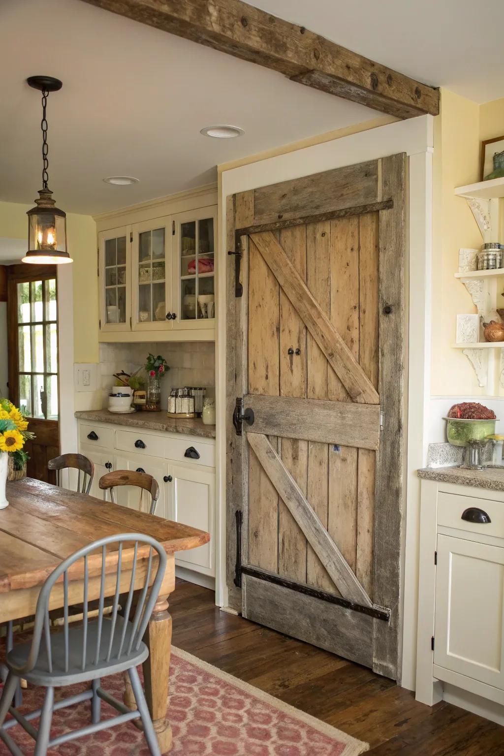 Aged timber pantry entrances introduce warmth and personality.
