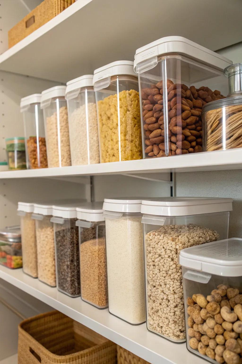 Crystal receptacles in a pantry guarantee effortless perceptibility and freshness for dry goods.