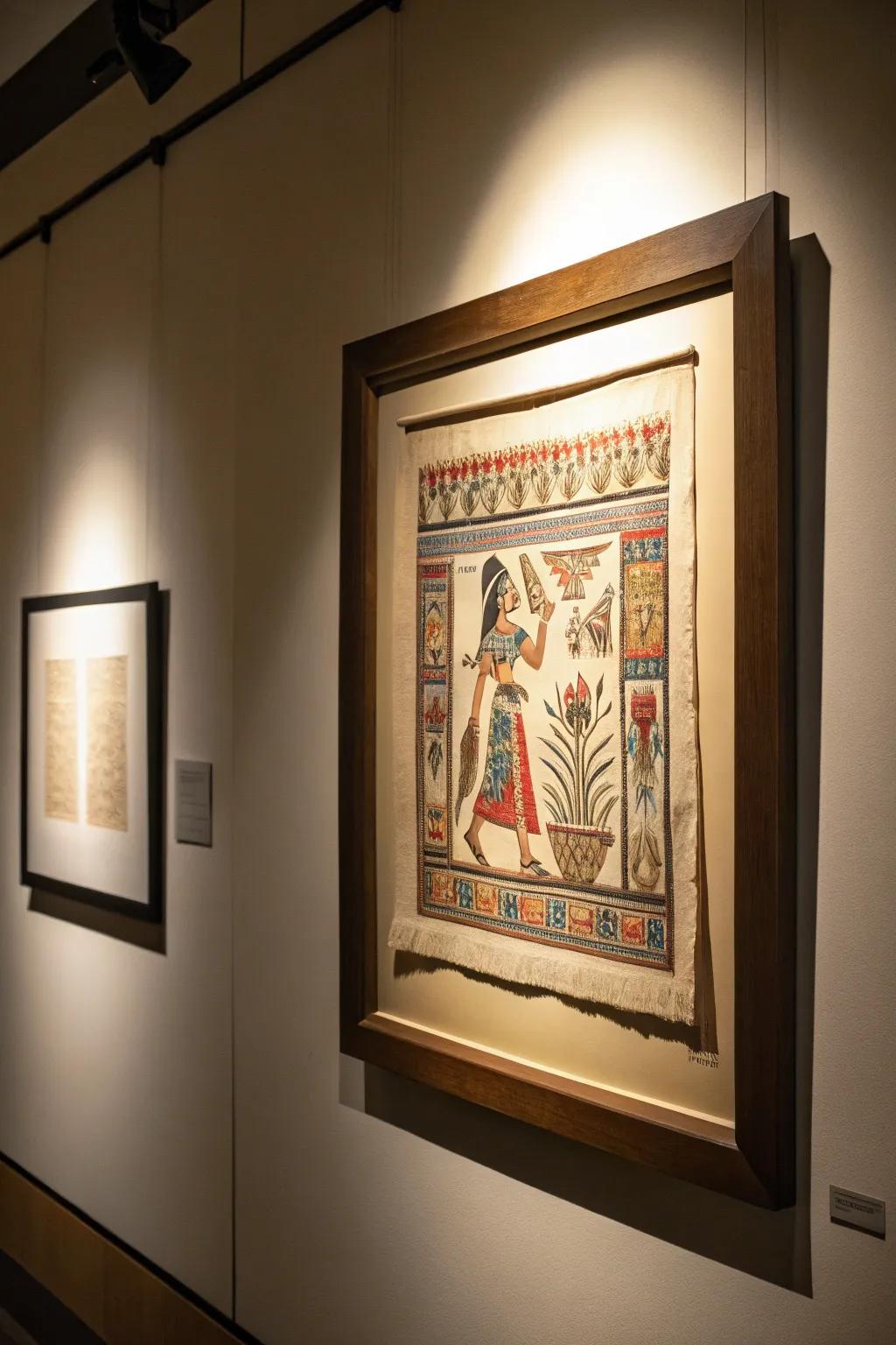 Display case framing introduces a three-dimensional effect to papyrus art.