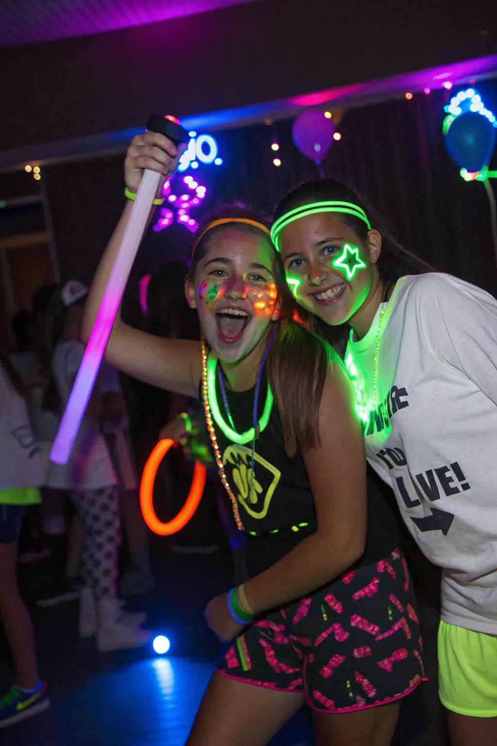 Teens enjoying a radiant night gathering with vibrant neon illuminations.