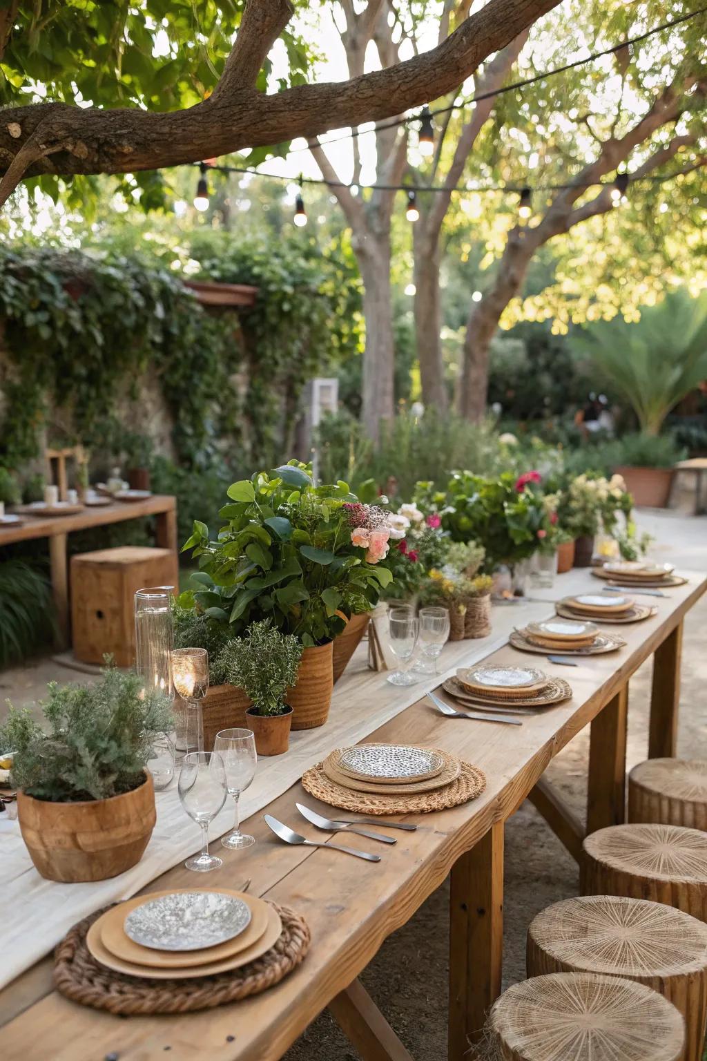 An inviting outdoor party table setting enhanced with the raw beauty of natural elements