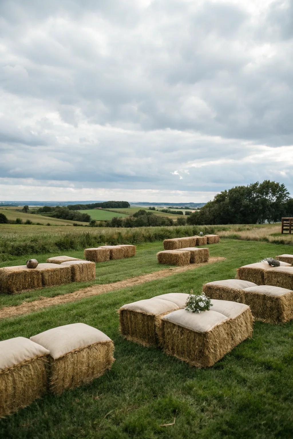 Forage blocks creatively arranged for seating in the pasture.