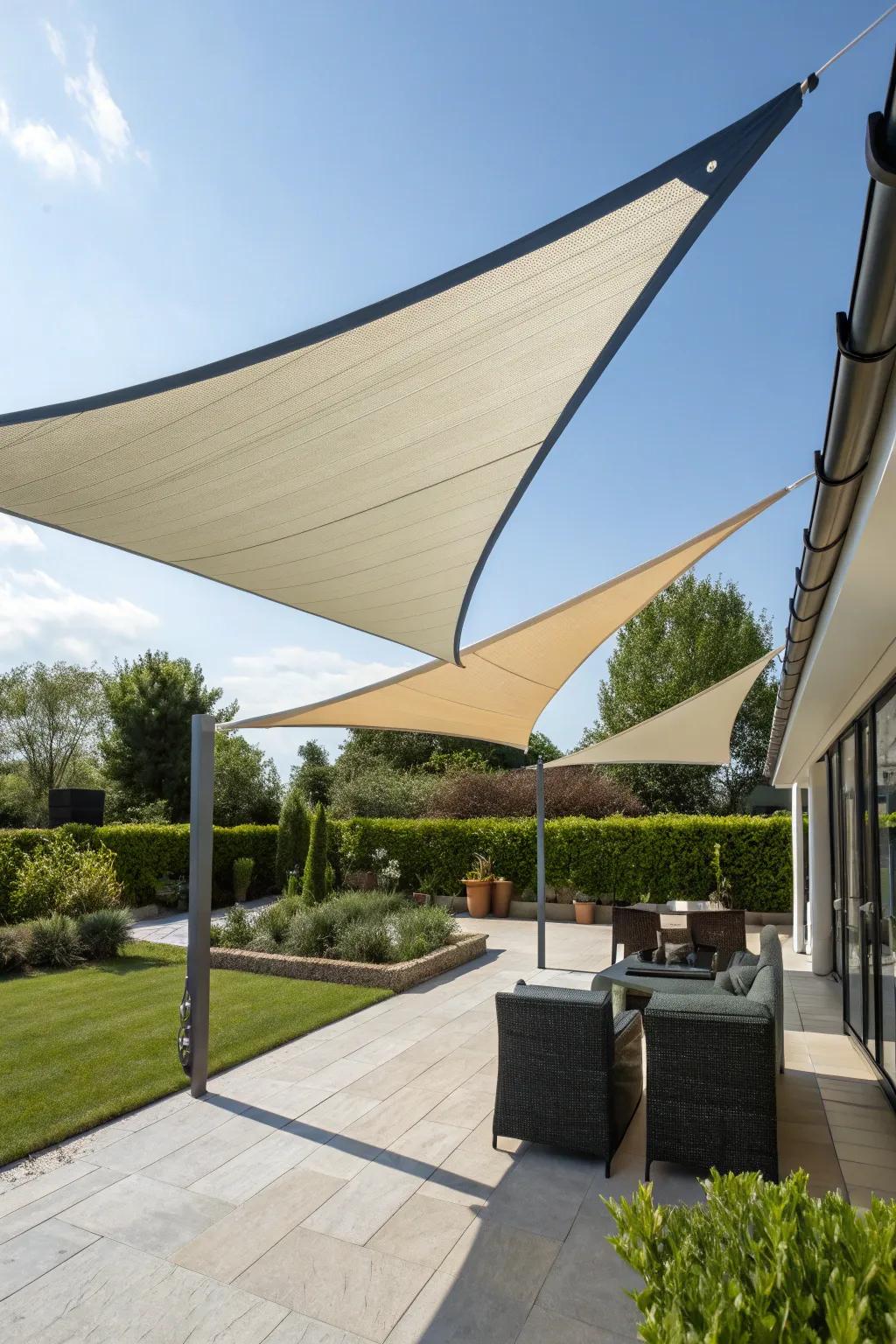 Triangle canopies present a contemporary aesthetic while supplying plentiful shade.