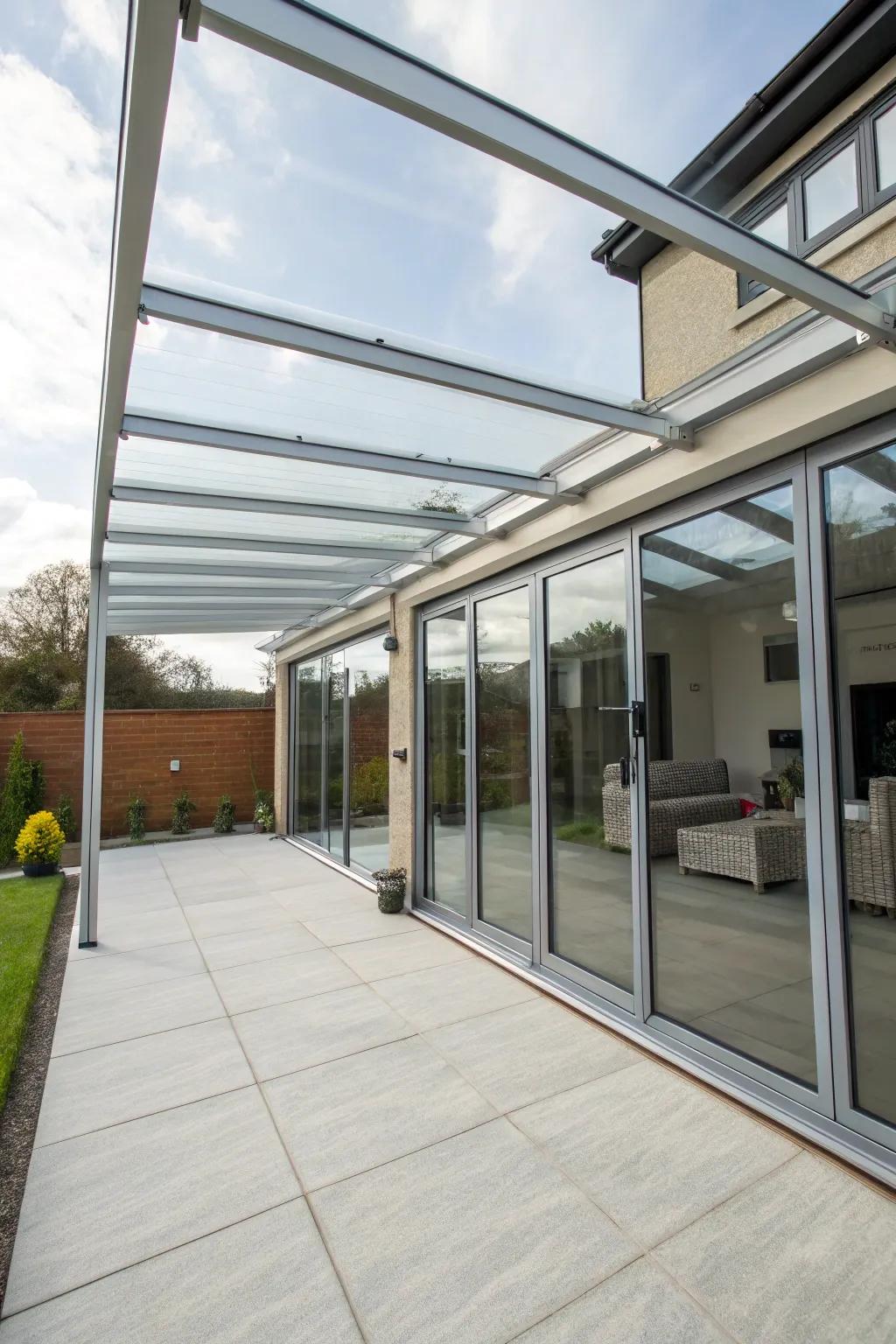 Modern frames made of steel and glass create a sophisticated patio atmosphere.