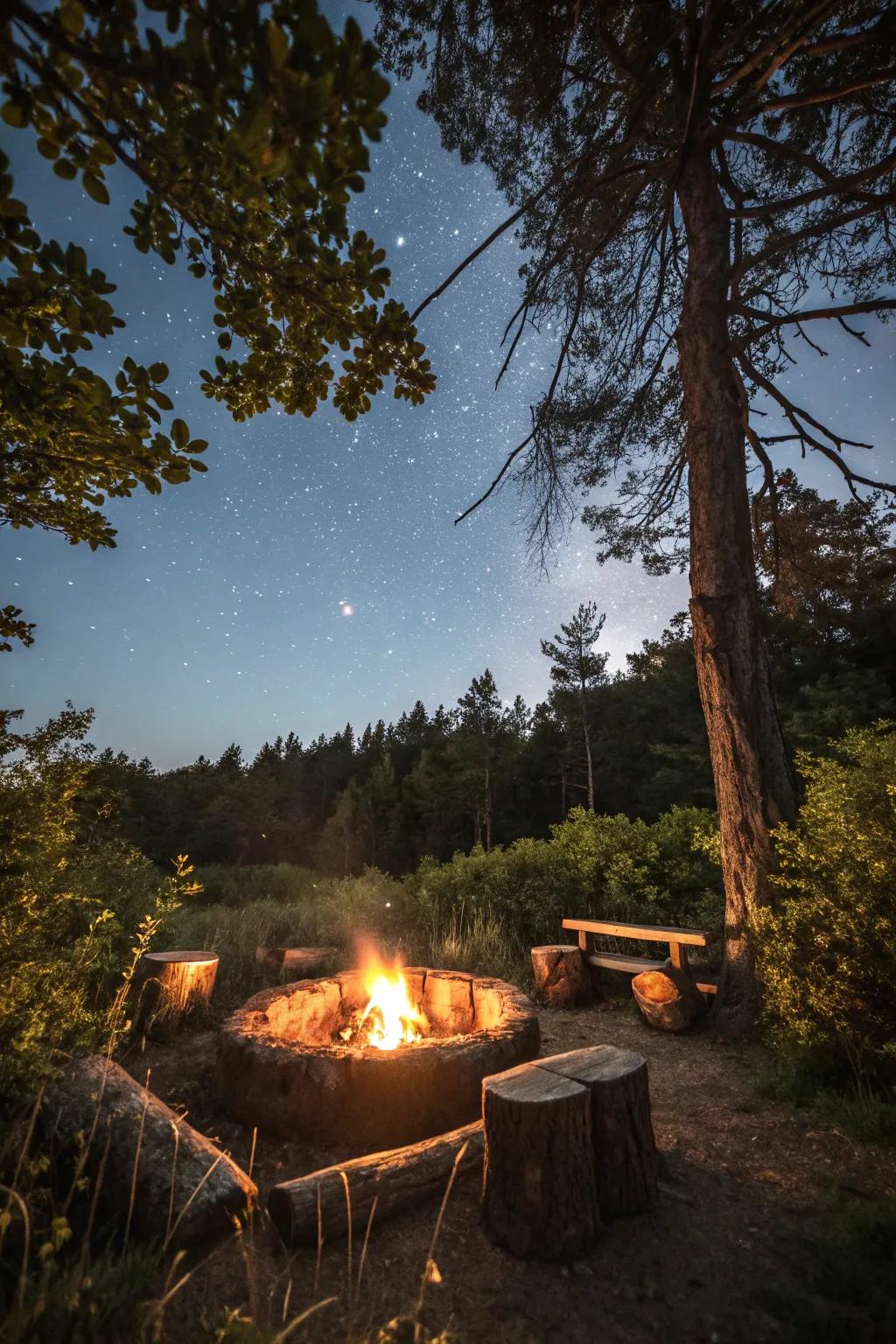 Countryside wood perches fashion a natural and inviting firepit area.