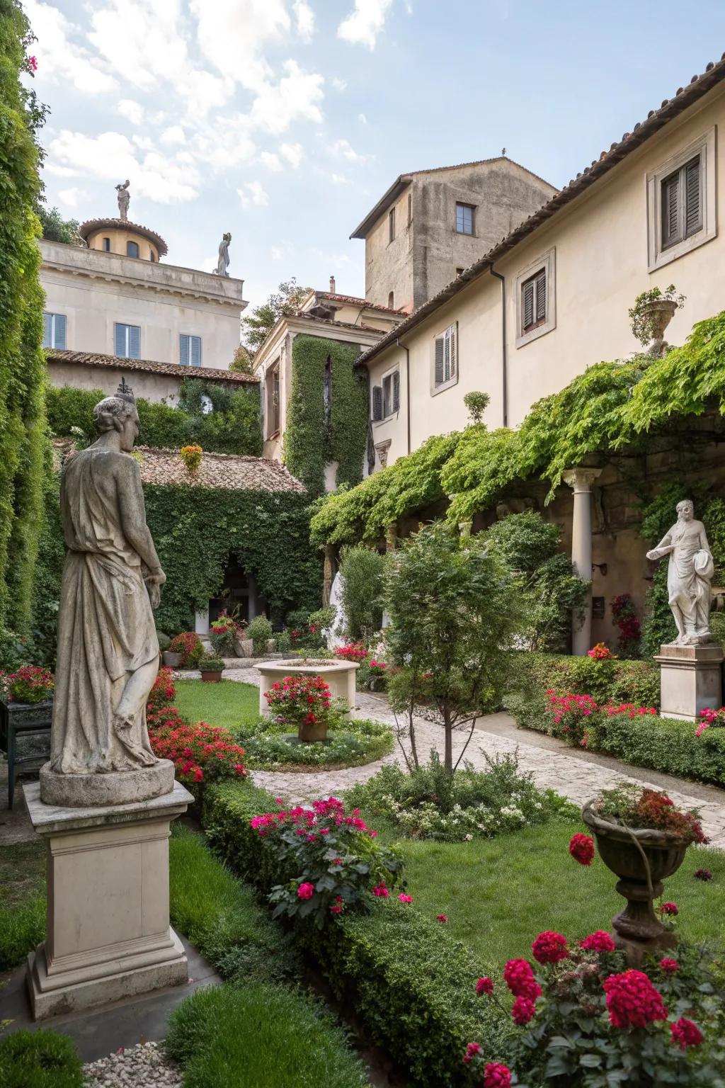 Classical sculptures contribute creative panache to this Italian courtyard.