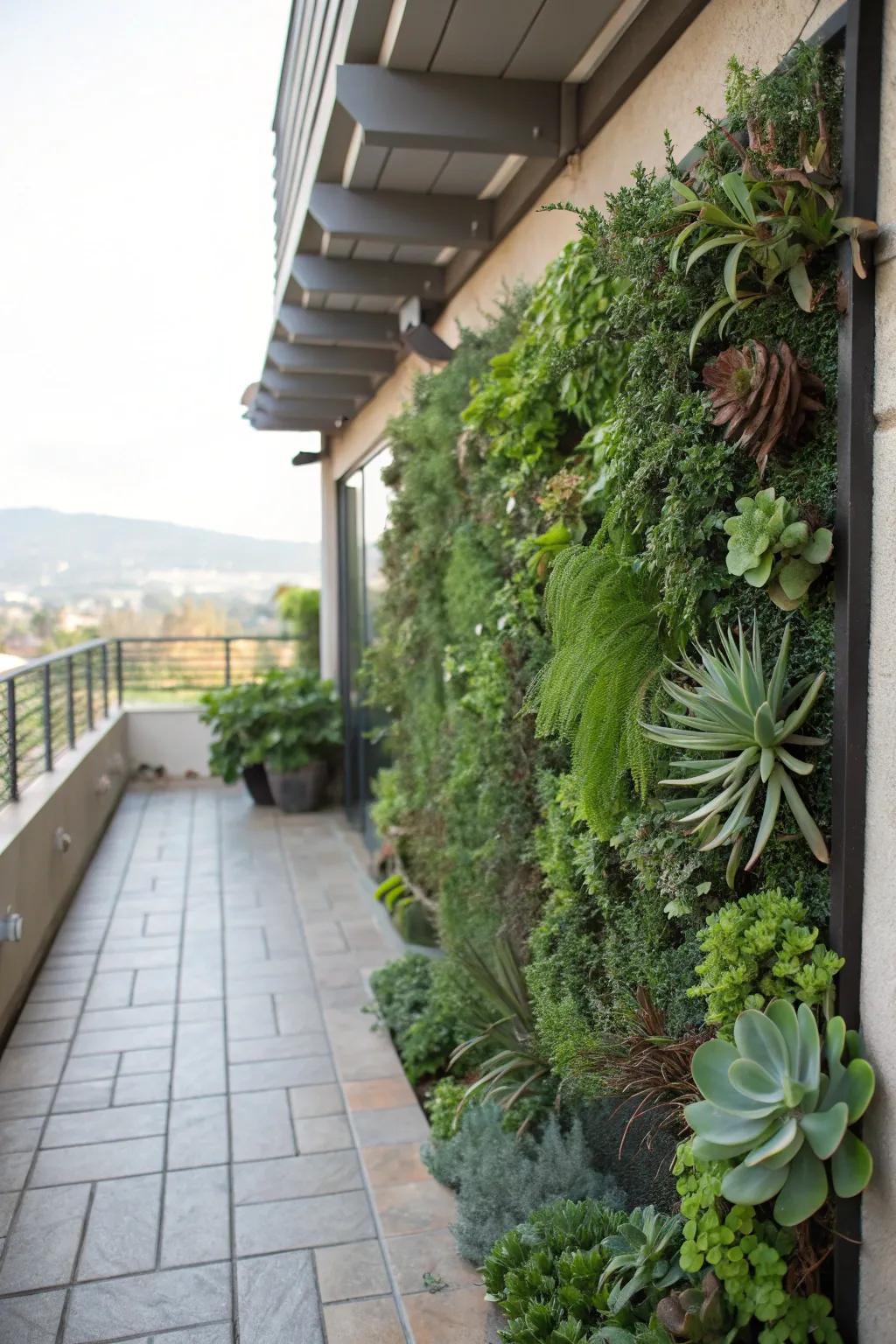A luxurious vertical garden turns a simple patio wall into a living masterpiece.