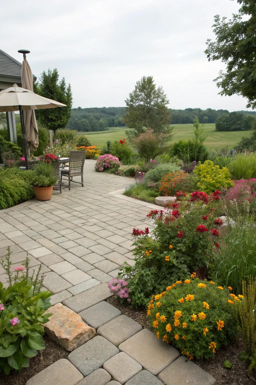 Lush greenery animates your paved patio.