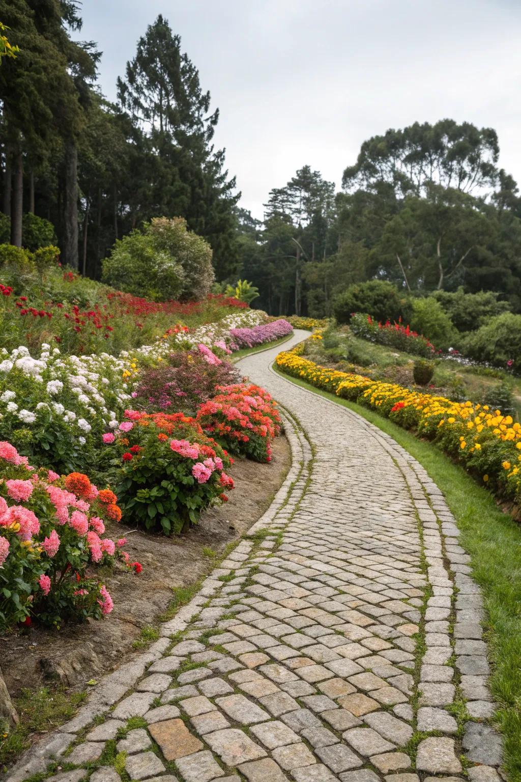 A captivating cobblestone path leading through a vibrant flower garden.