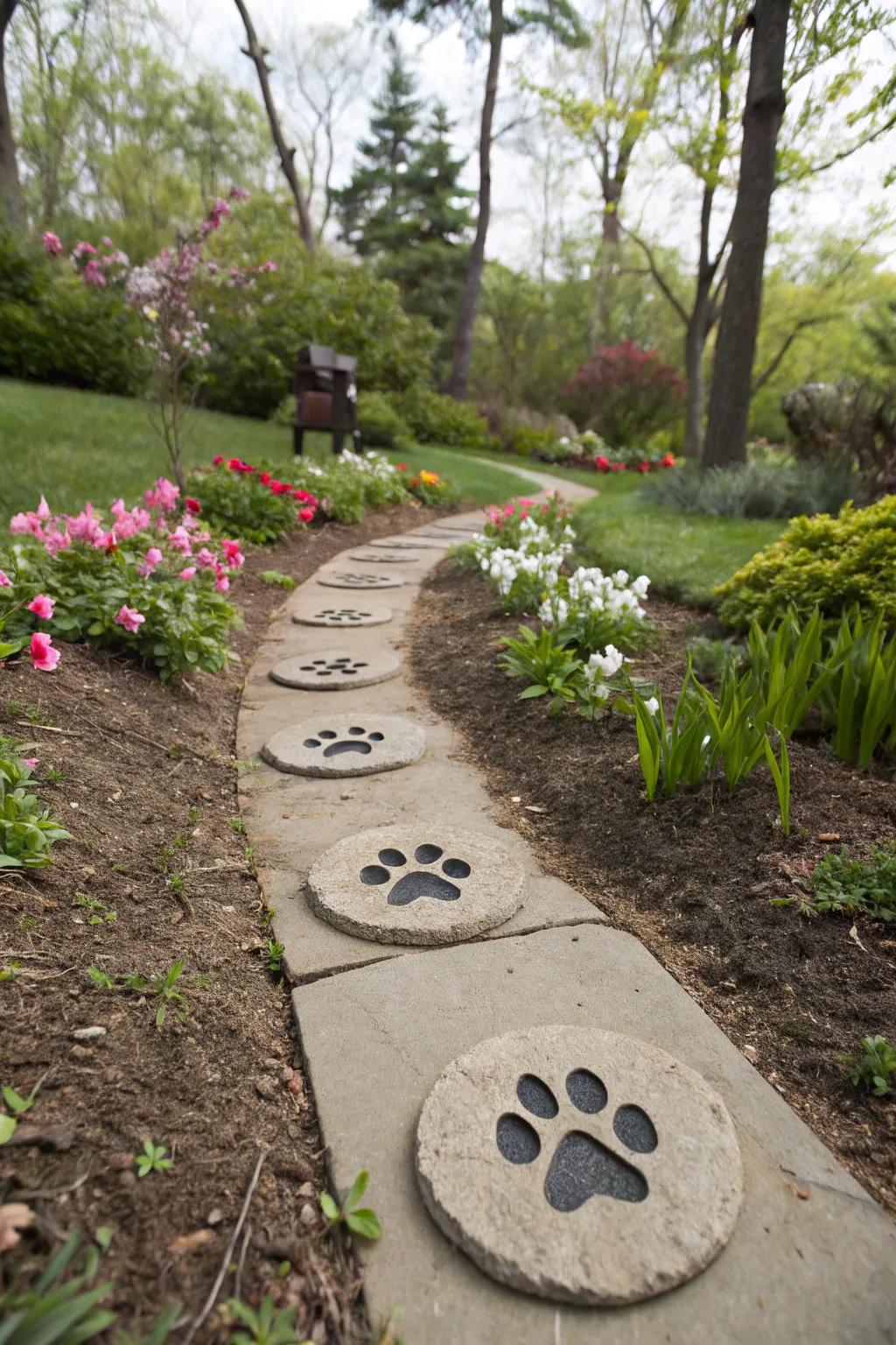 Unique paw print stepping stones nestled in a garden pathway.