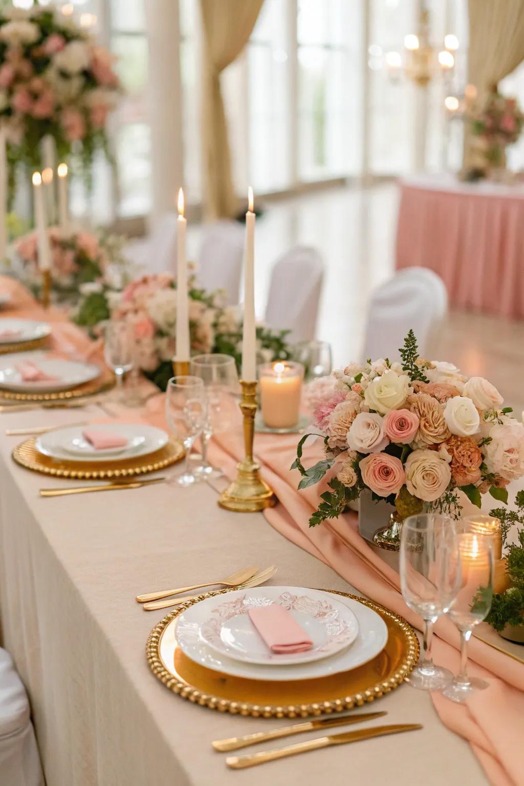 Opulent apricot and gilded table arrangements for a hint of glamour.