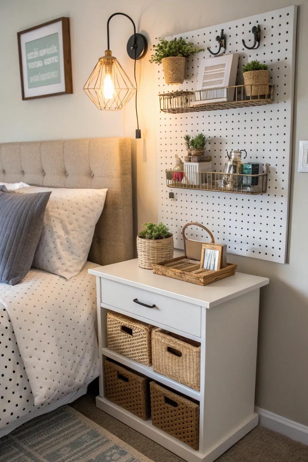 Space-saving pegboard bedside tables keep necessities close.