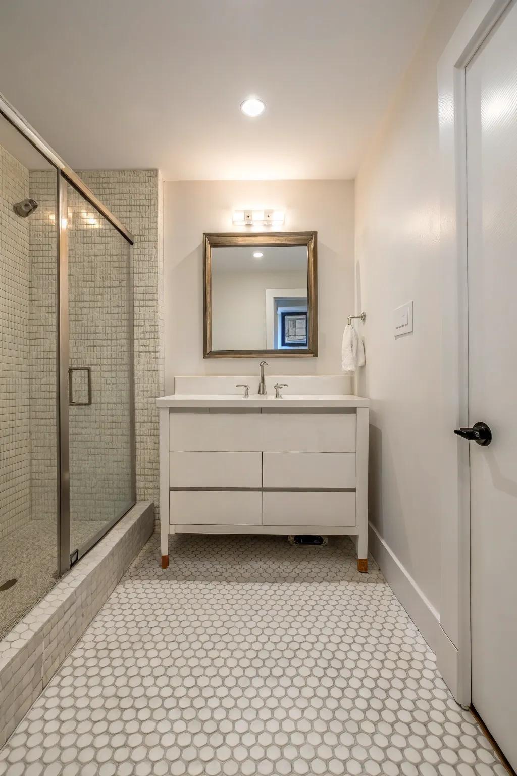 Timeless ivory penny rounds evoke a radiant and ethereal ambiance.