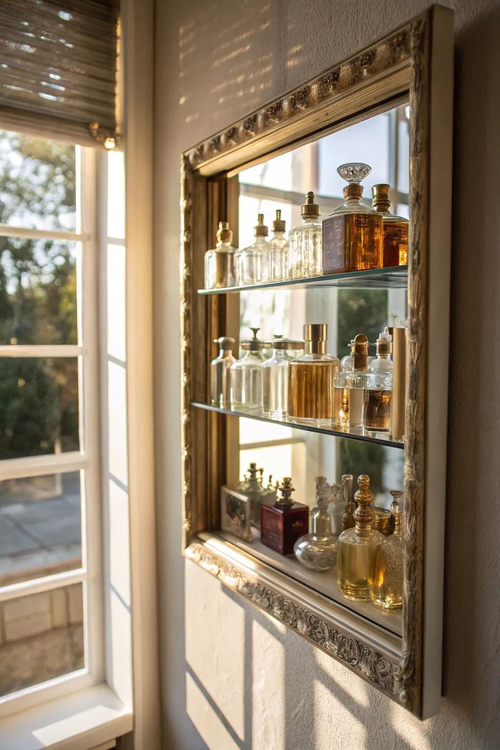 Reflections amplify the dimension and grace of your perfume display.