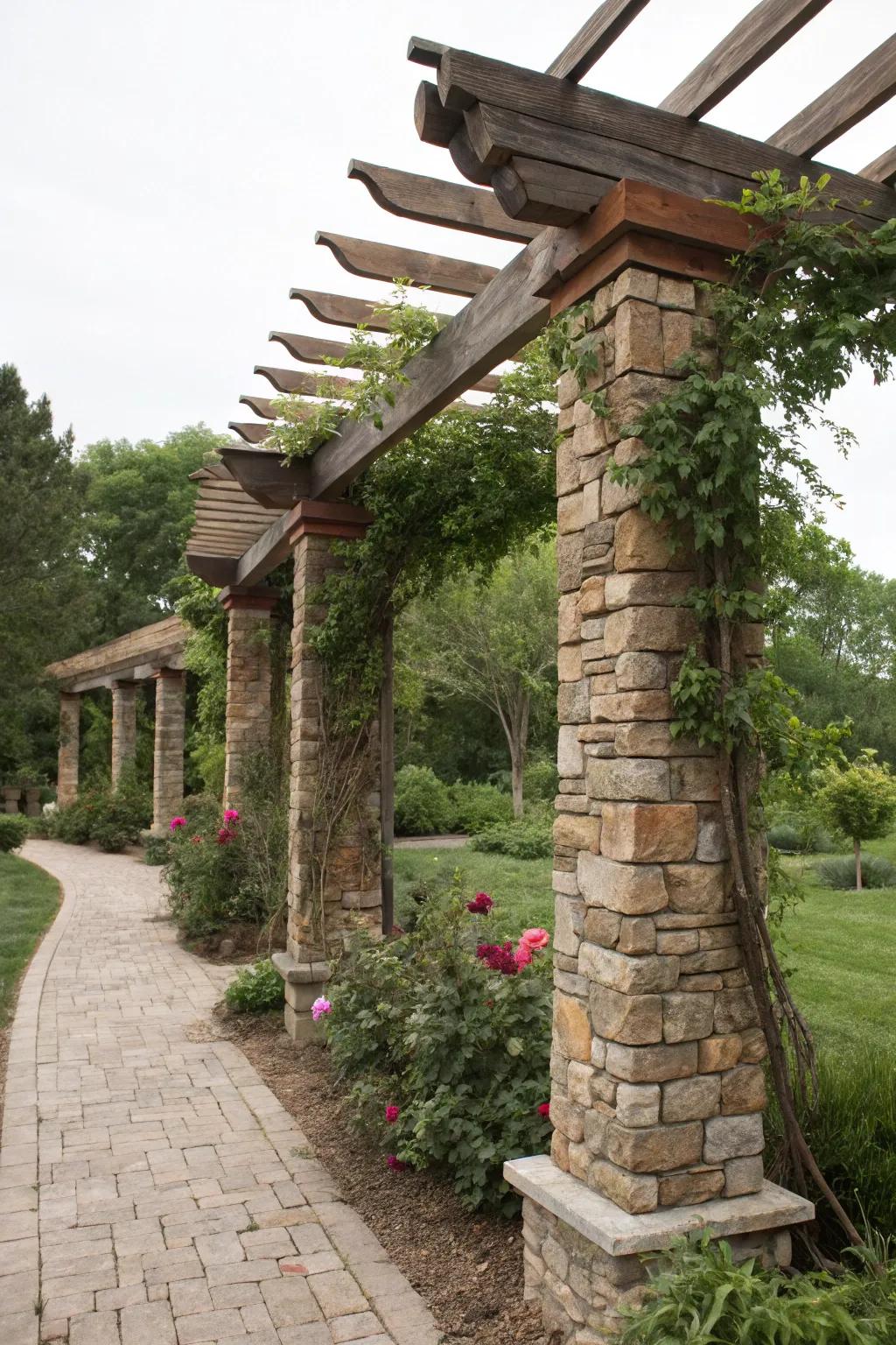 Faux stone introduces a rustic touch to pergola supports.