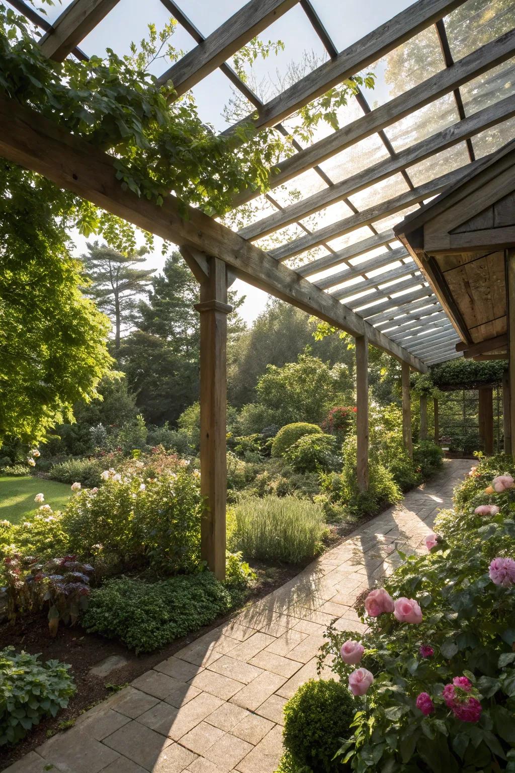 A pergola with a glass roof infuses natural light into a charming garden setting.