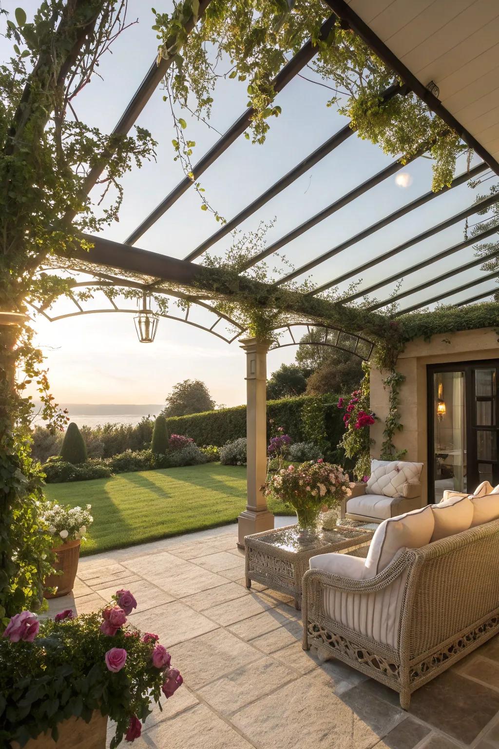 Bask in natural light with a glass pergola roof.