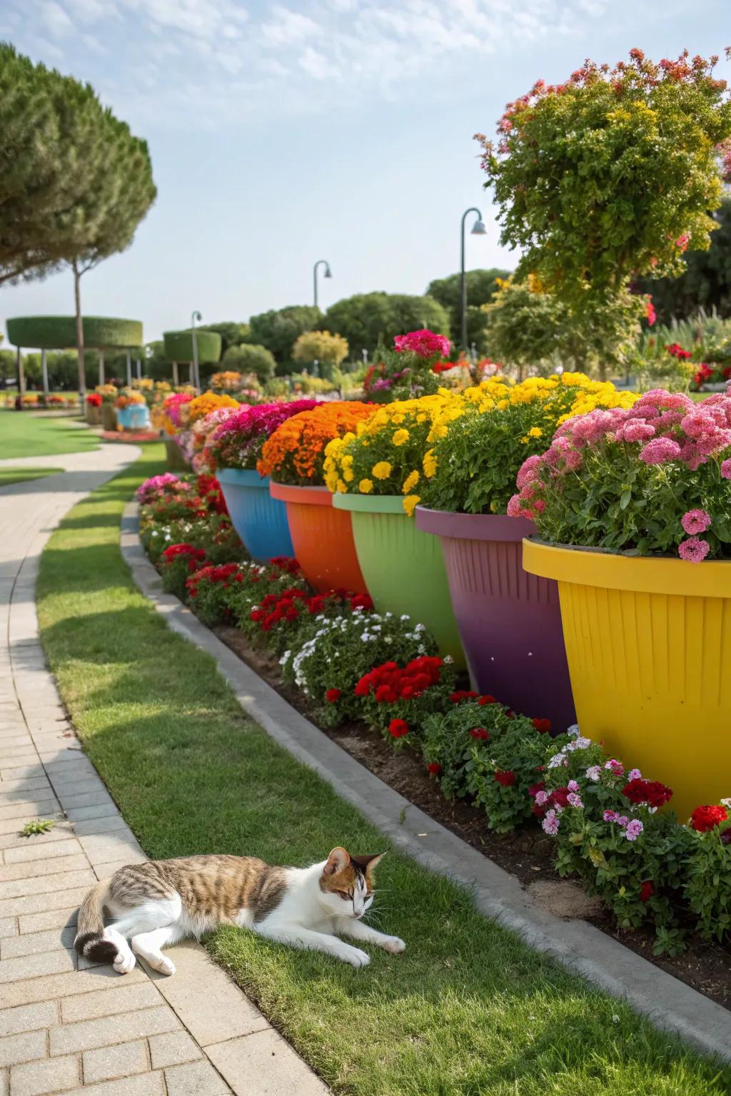 Decorative planters showcasing pet-compatible flowers, elevating garden aesthetics.