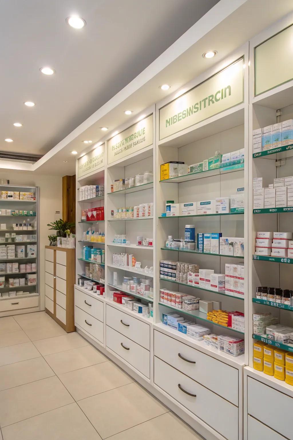 Efficient shelving units displaying pharmacy products