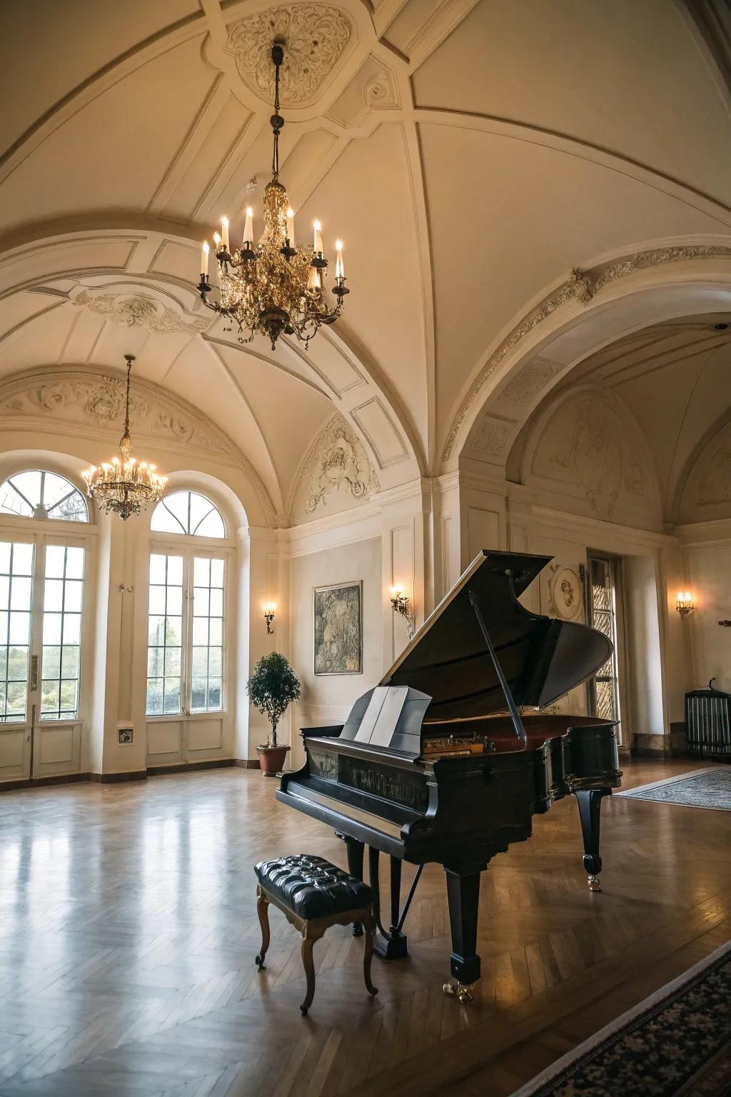 High ceilings enrich splendor and maximize acoustics in the piano chamber.