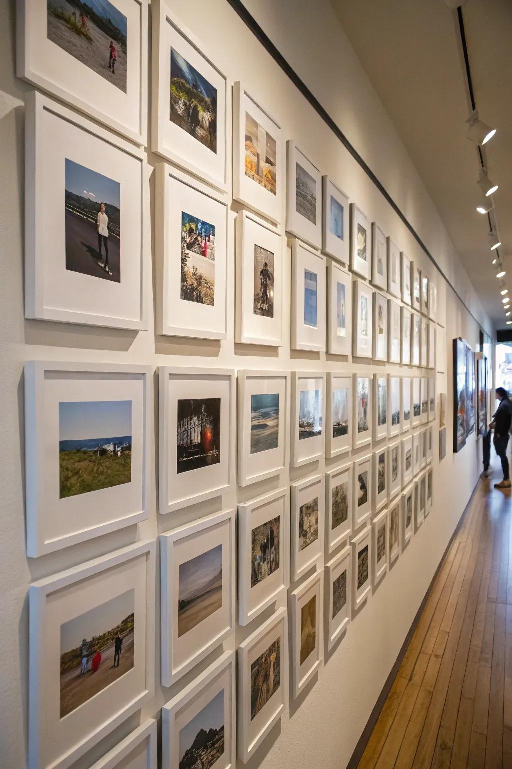 A picture wall featuring a symmetrically structured grid layout.
