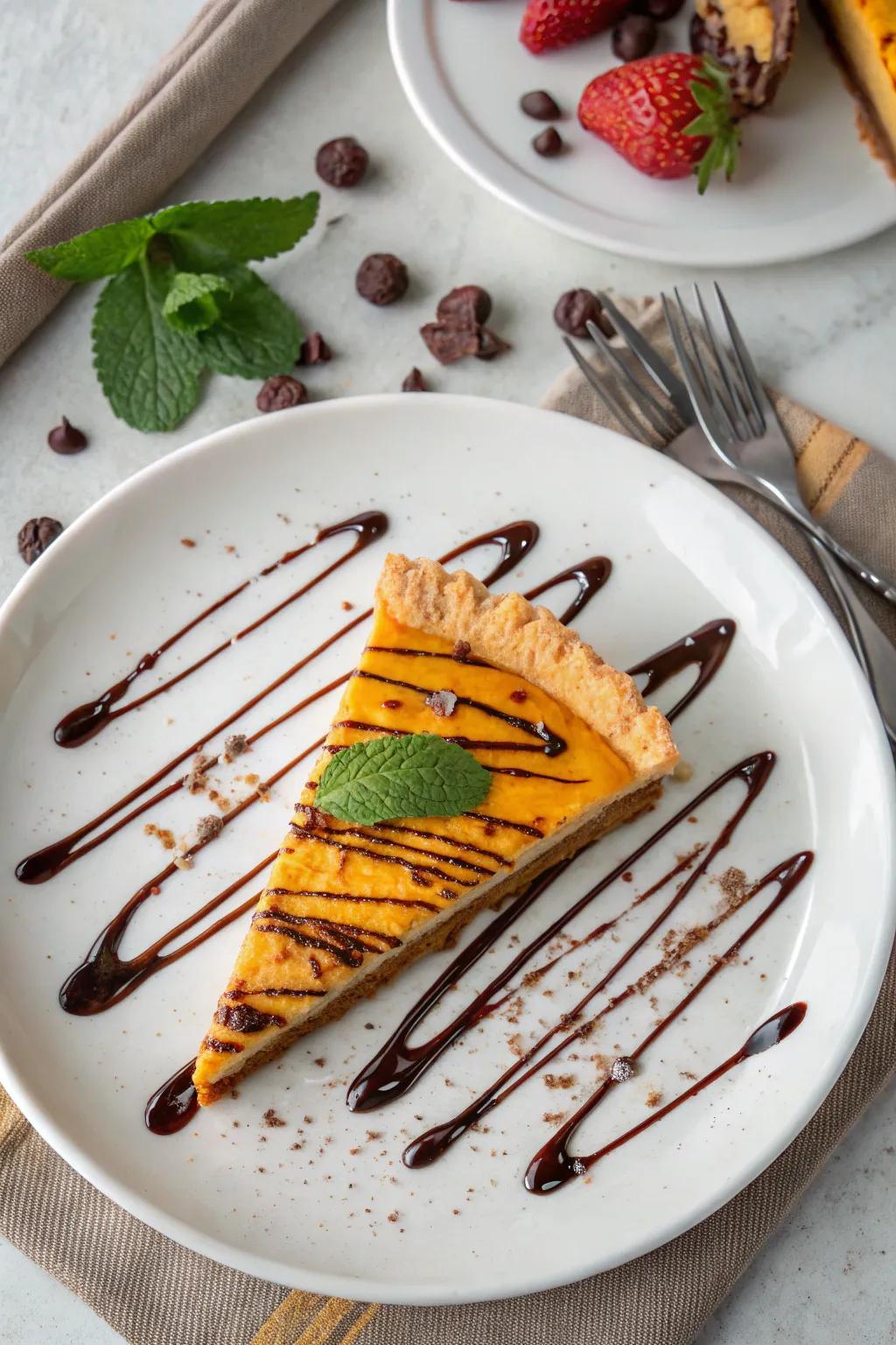 A pie slice enhanced with an artistic chocolate swirl.