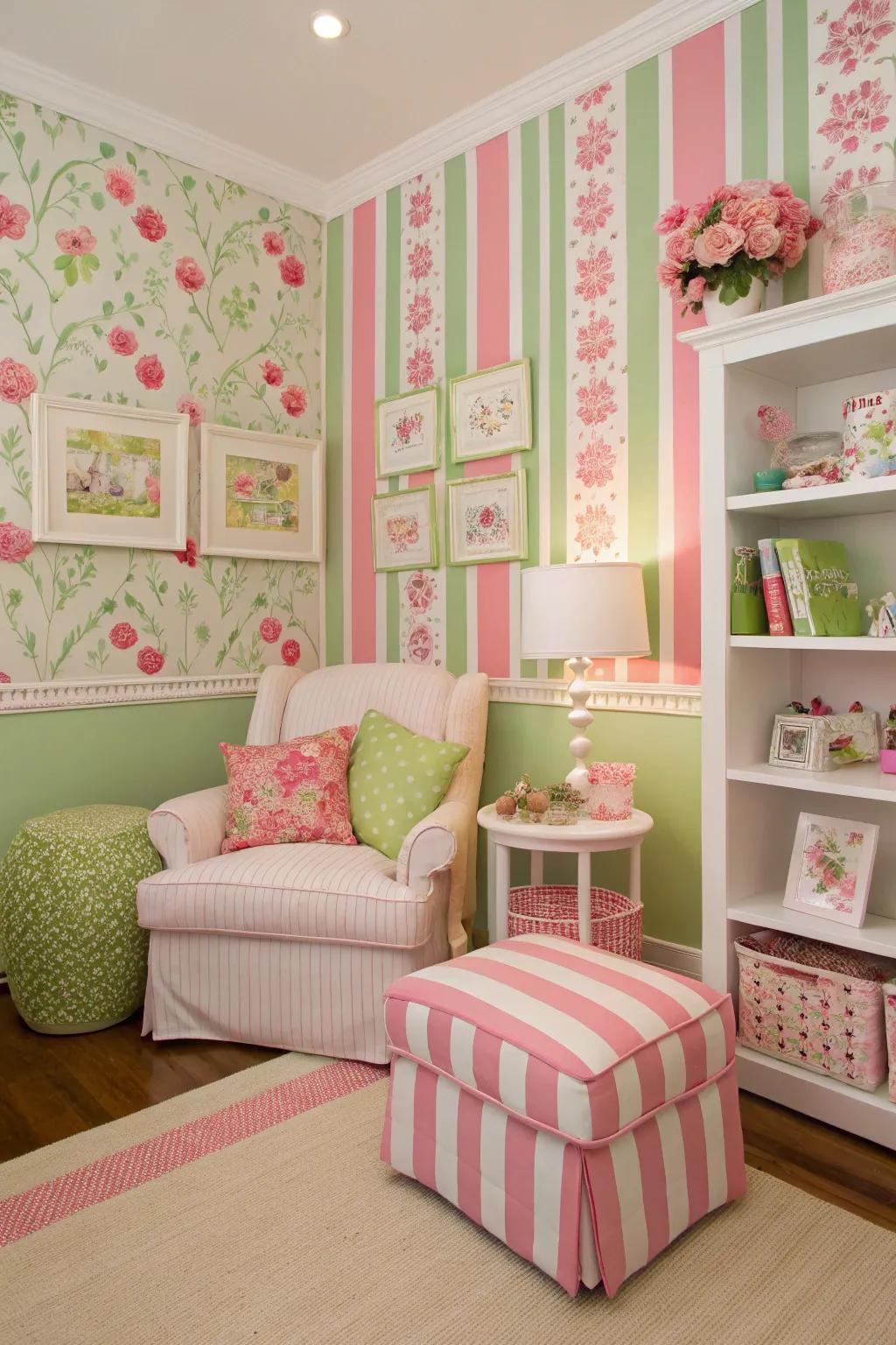 Playful mix of designs in pink and green for a lively room decor.