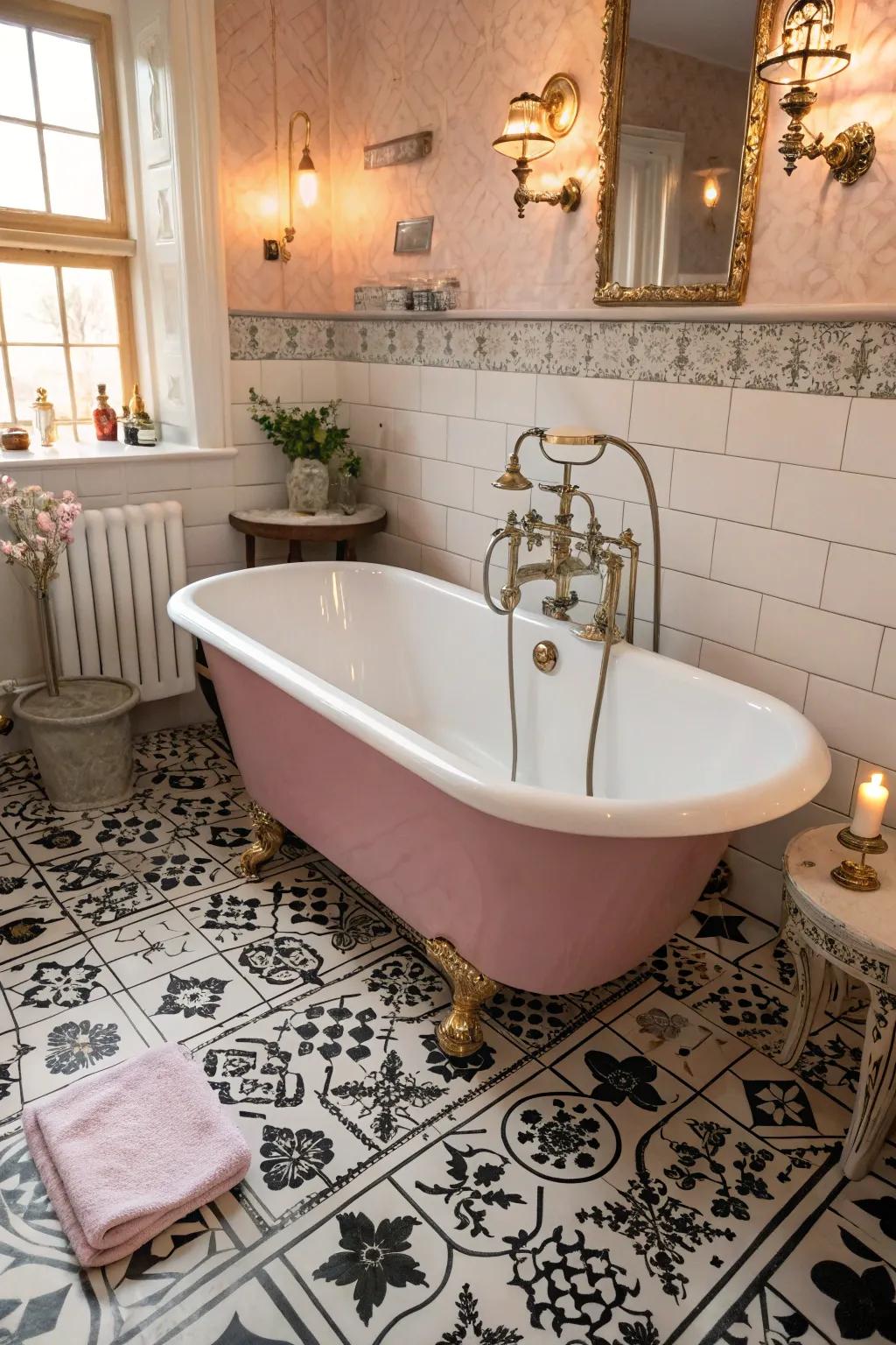 A rose clawfoot tub emanates timeless charm.