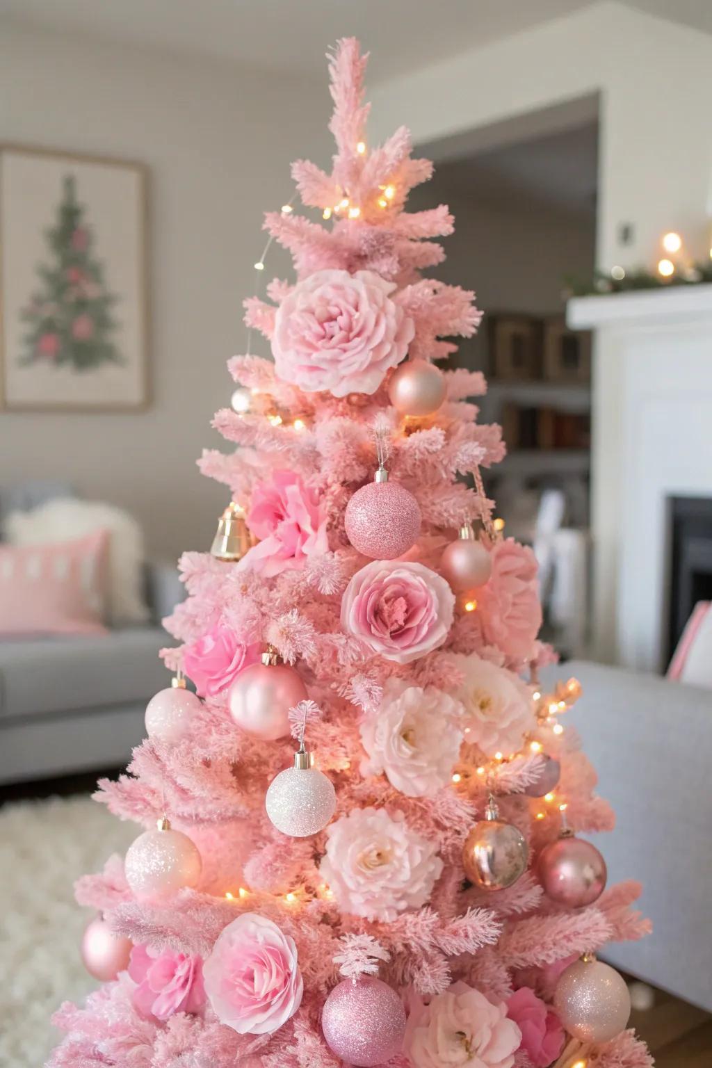 Botanical ornaments convert this rosy tree into an enchanted whimsical display.