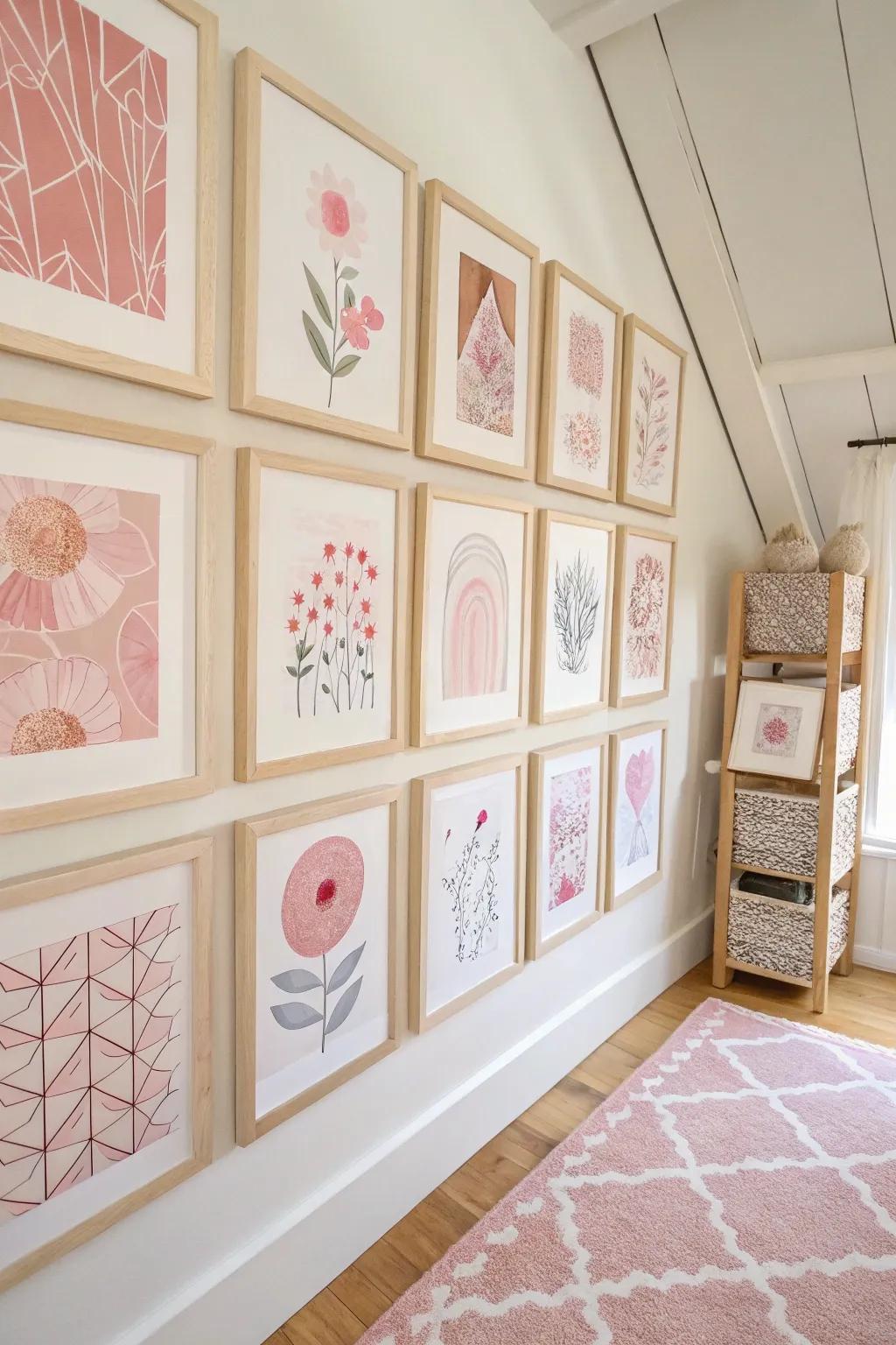 Enhance your creative space with a breathtaking rose-focused exhibit wall that merges minimalist and bohemian elements for a hint of artistic beauty.