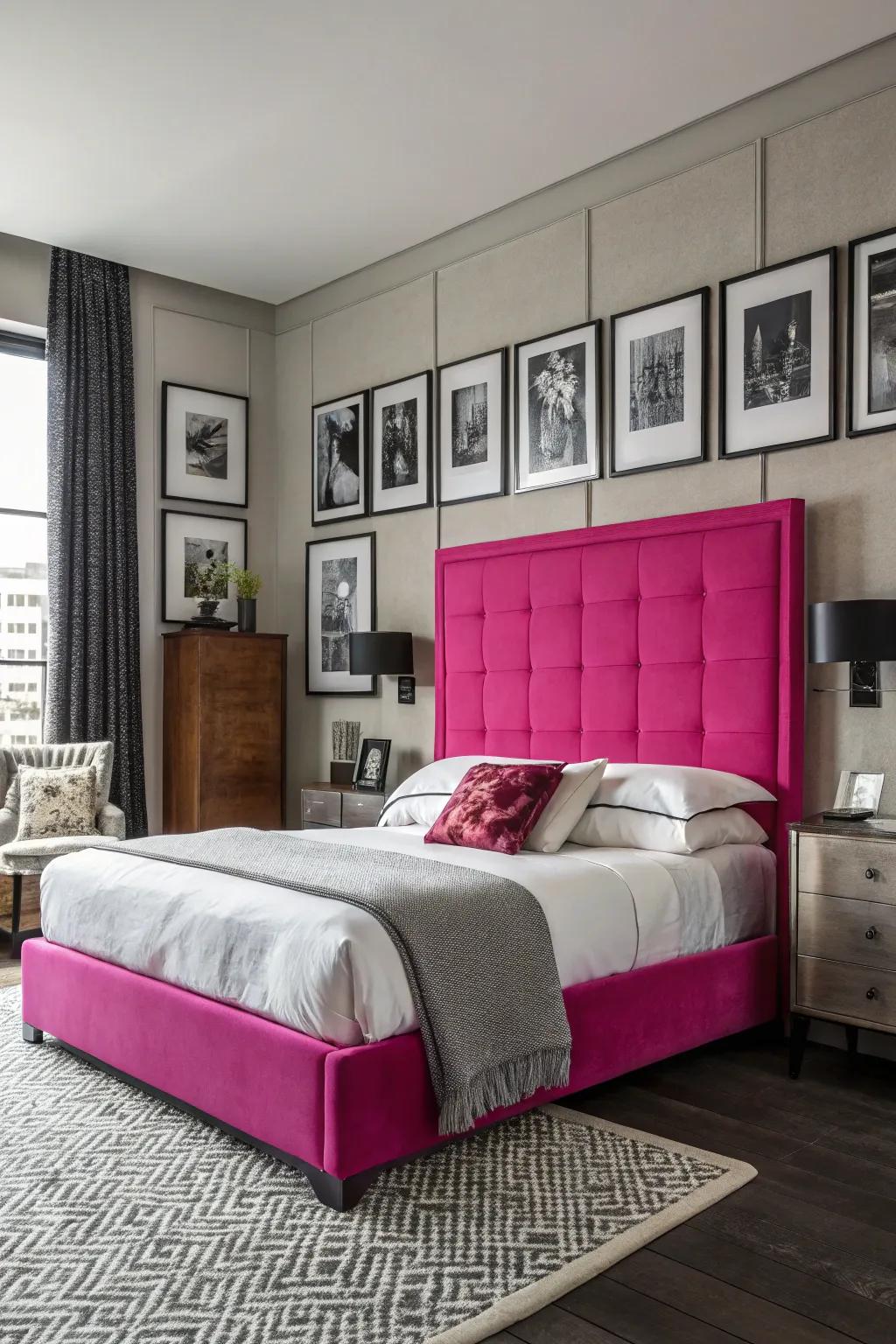 A striking and vivid sleeping space with a bright fuchsia headboard as the standout.