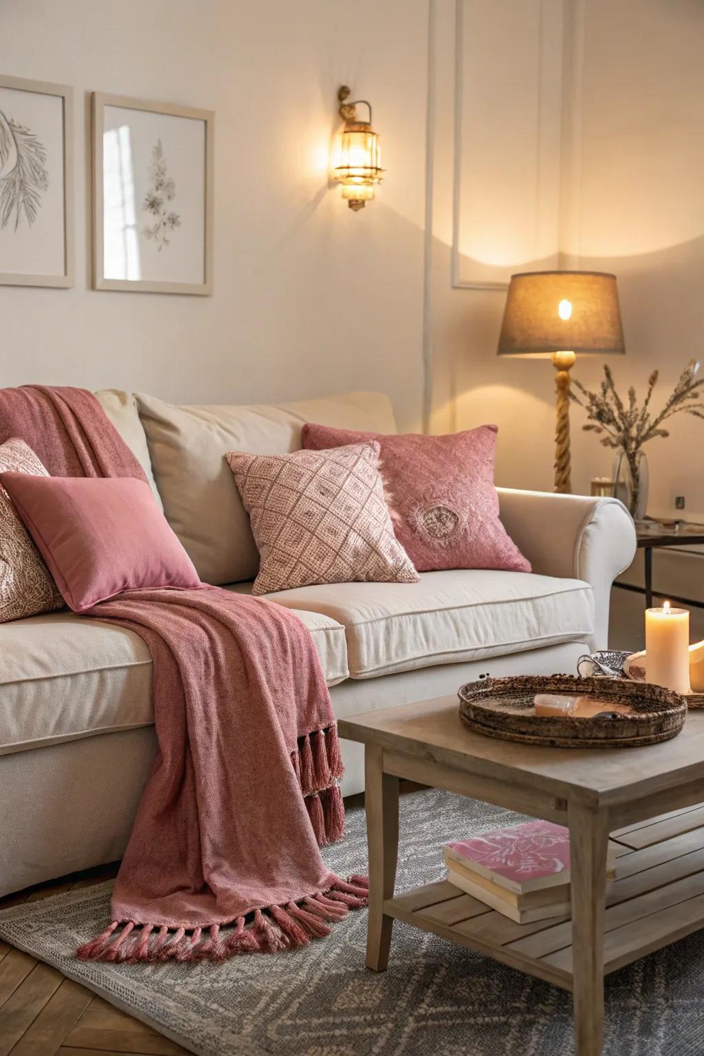 Soft rose details cultivate a cozy and welcoming ambiance.