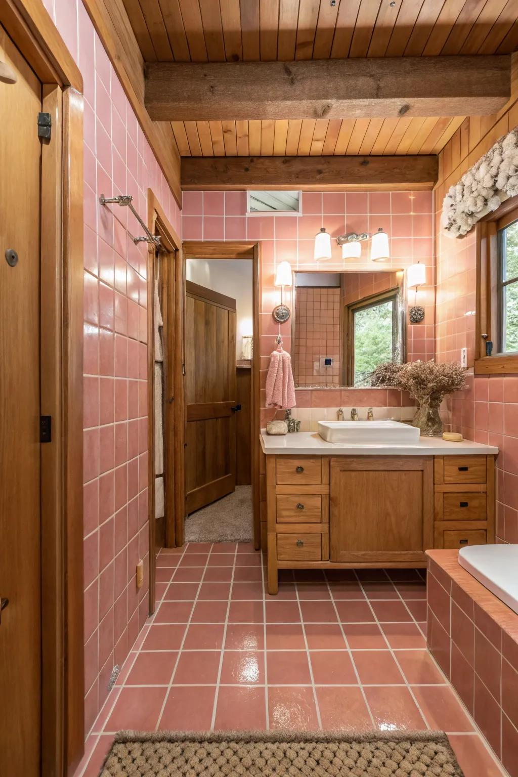 Pink tiles and wood together in a nice bathroom.