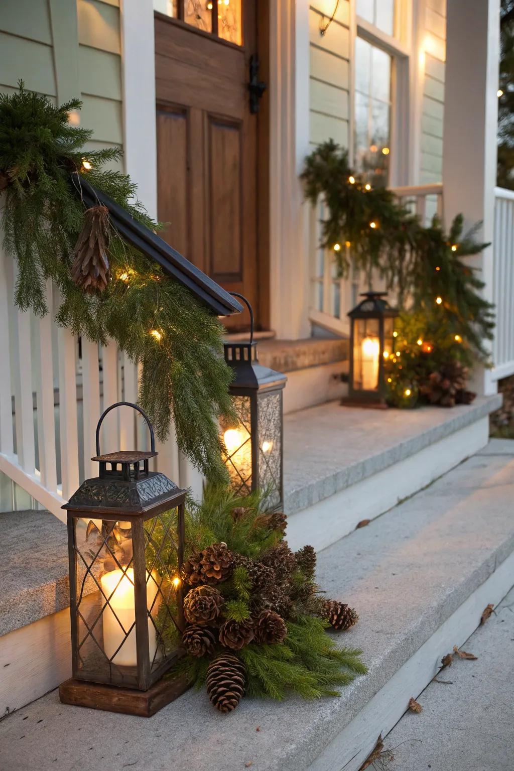 Use lanterns with festive fillers to create a welcoming holiday glow.