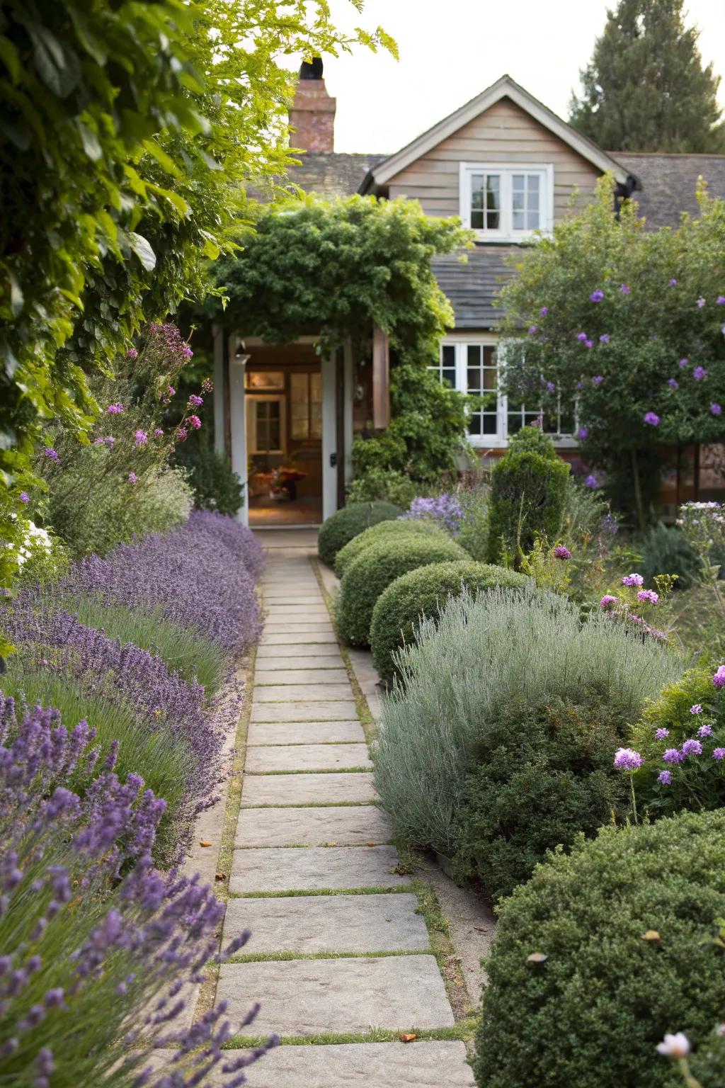 Fragrant pathway borders warmly invite visitors toward the home.