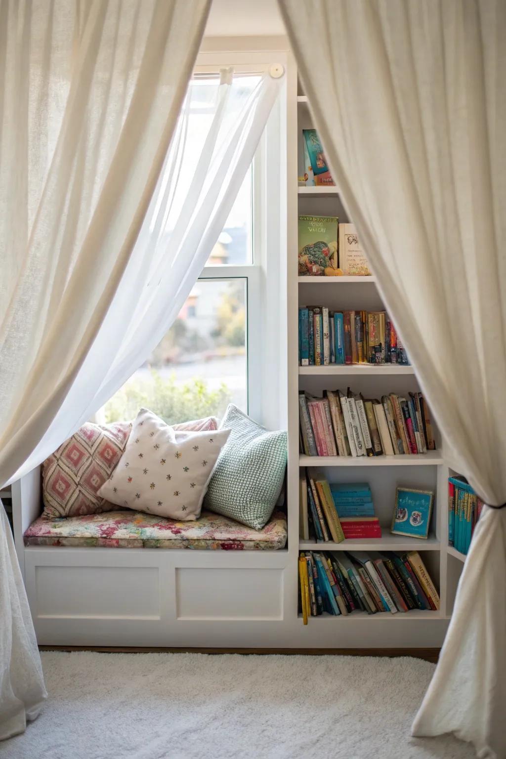 Curtains form a cozy reading space by the window.
