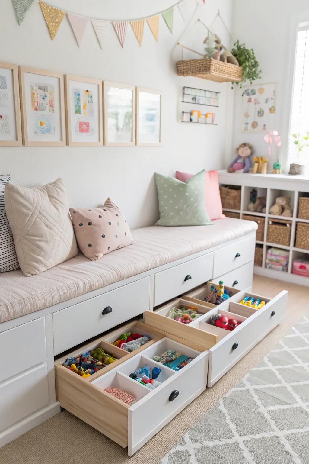 A playroom showcasing a storage bench that keeps toys neatly stowed away.