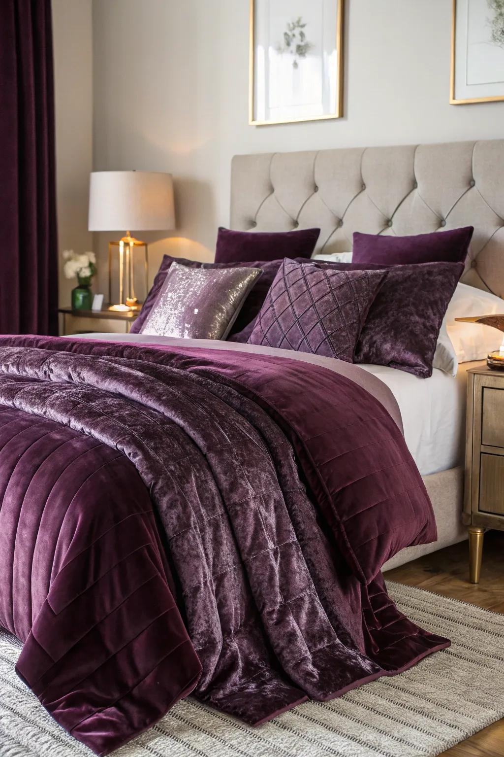 Layered materials in lavender make for a lavish and inviting atmosphere.